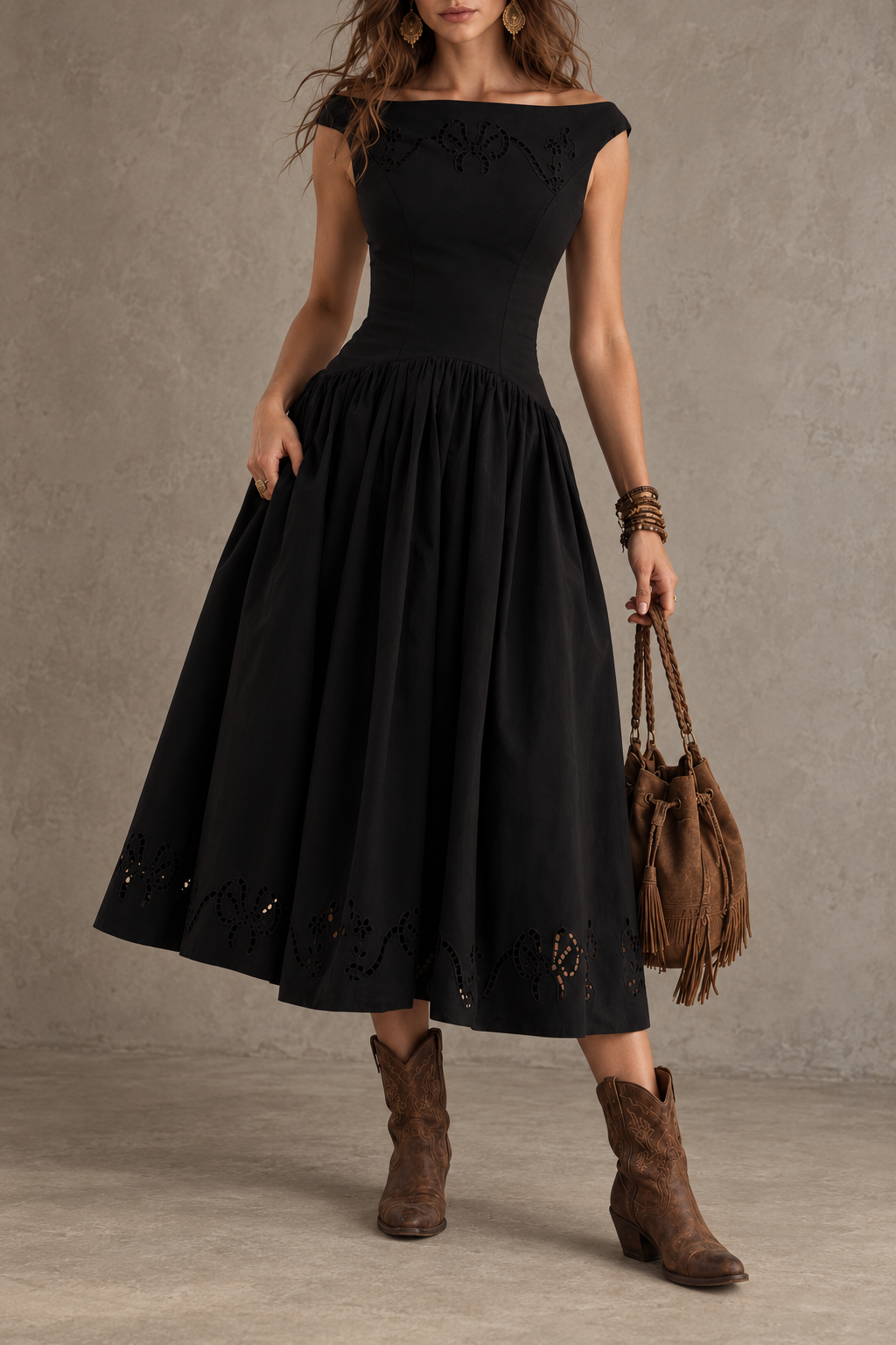 Black Sleeveless Drop Waist Midi Dress