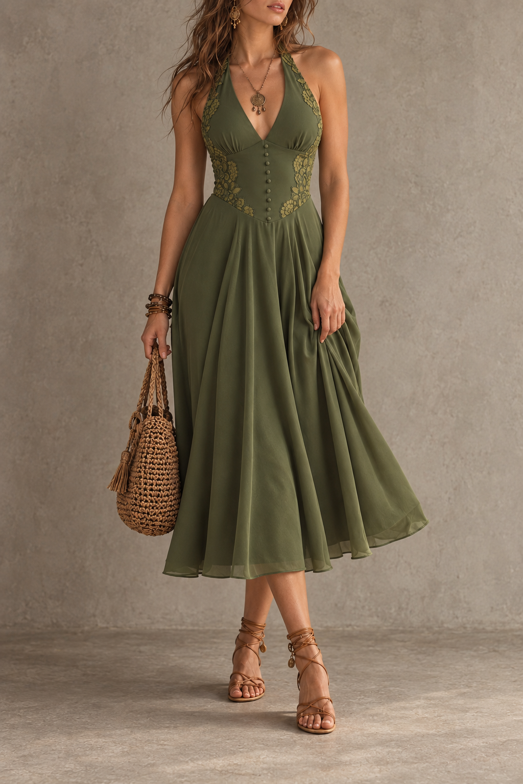 Olive Lace Trim Halter Midi Dress