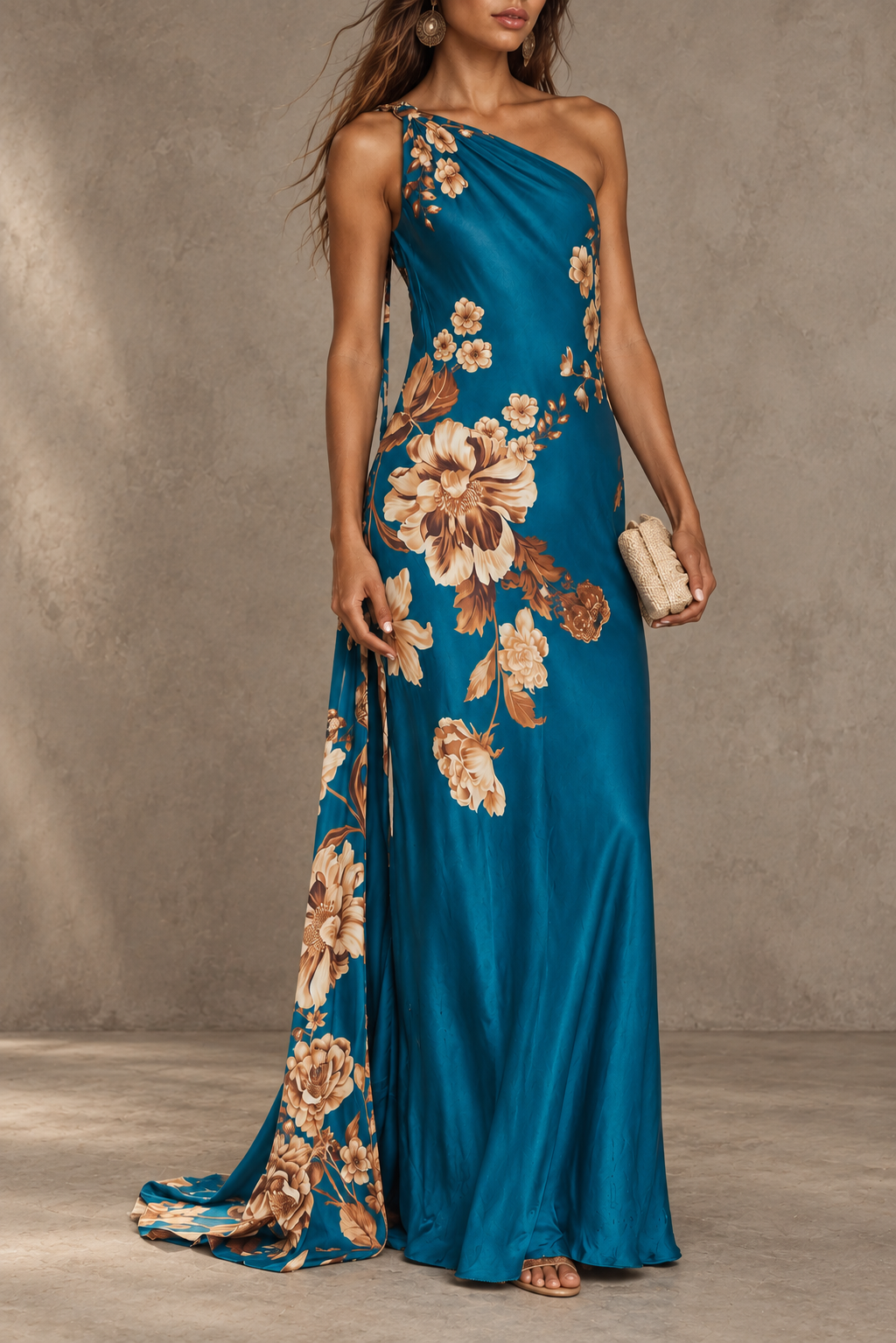 Blue Floral One Shoulder Maxi Dress