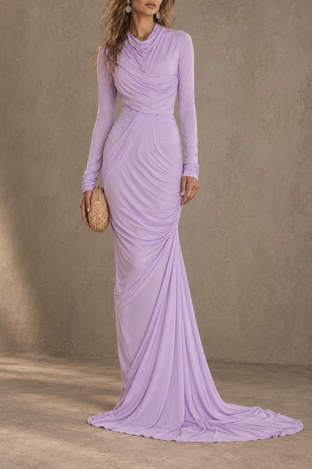 Lavender Draped Long Sleeve Maxi Dress