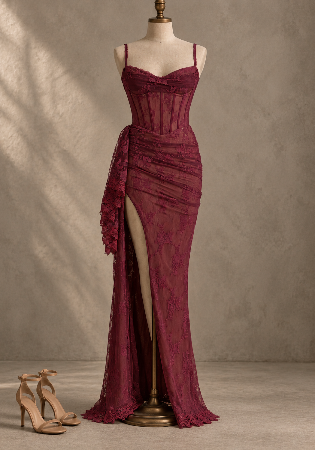 Burgundy Lace Corset High Slit Maxi Dress