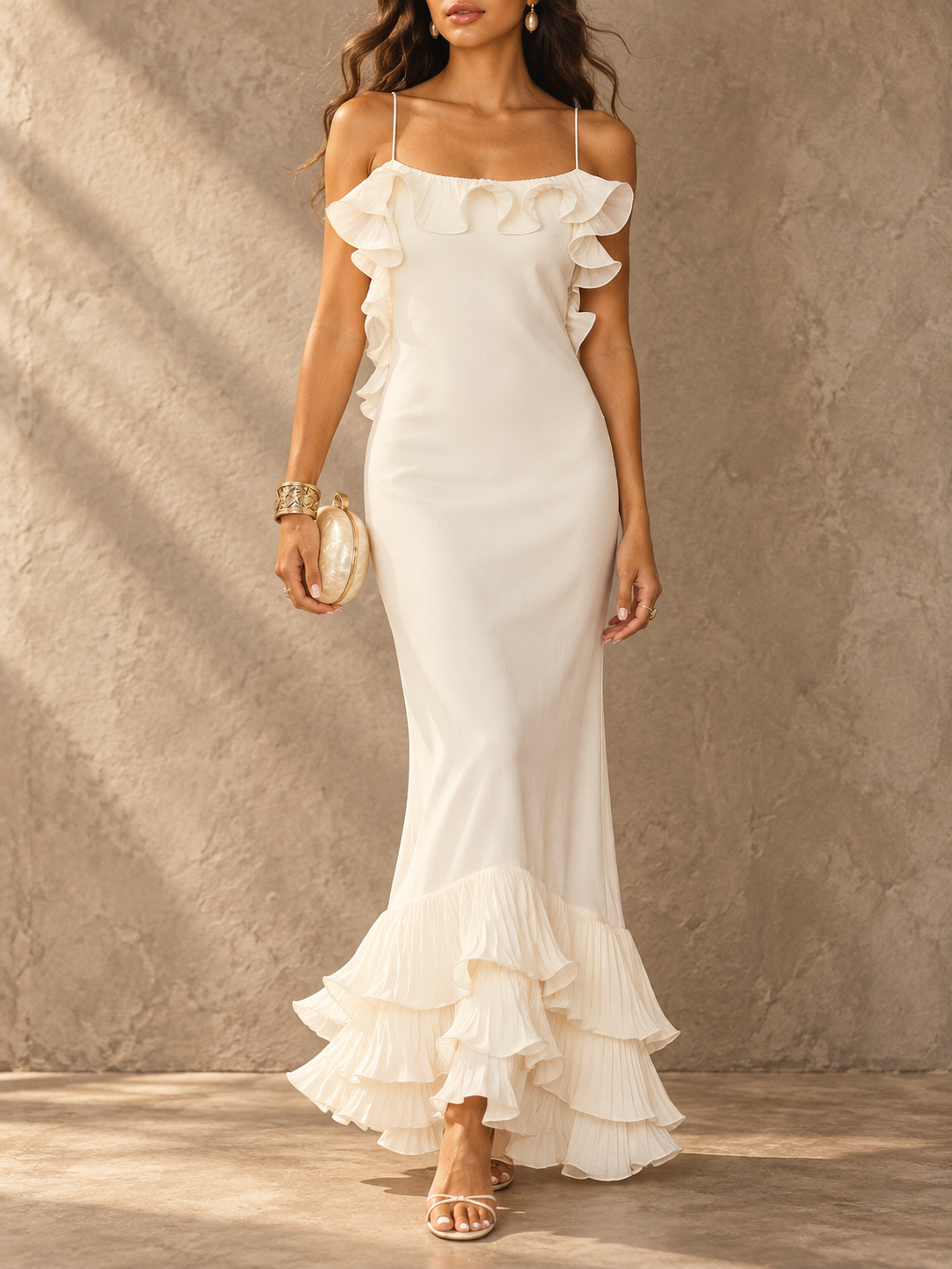 Cream Ruffle Tiered Maxi Dress