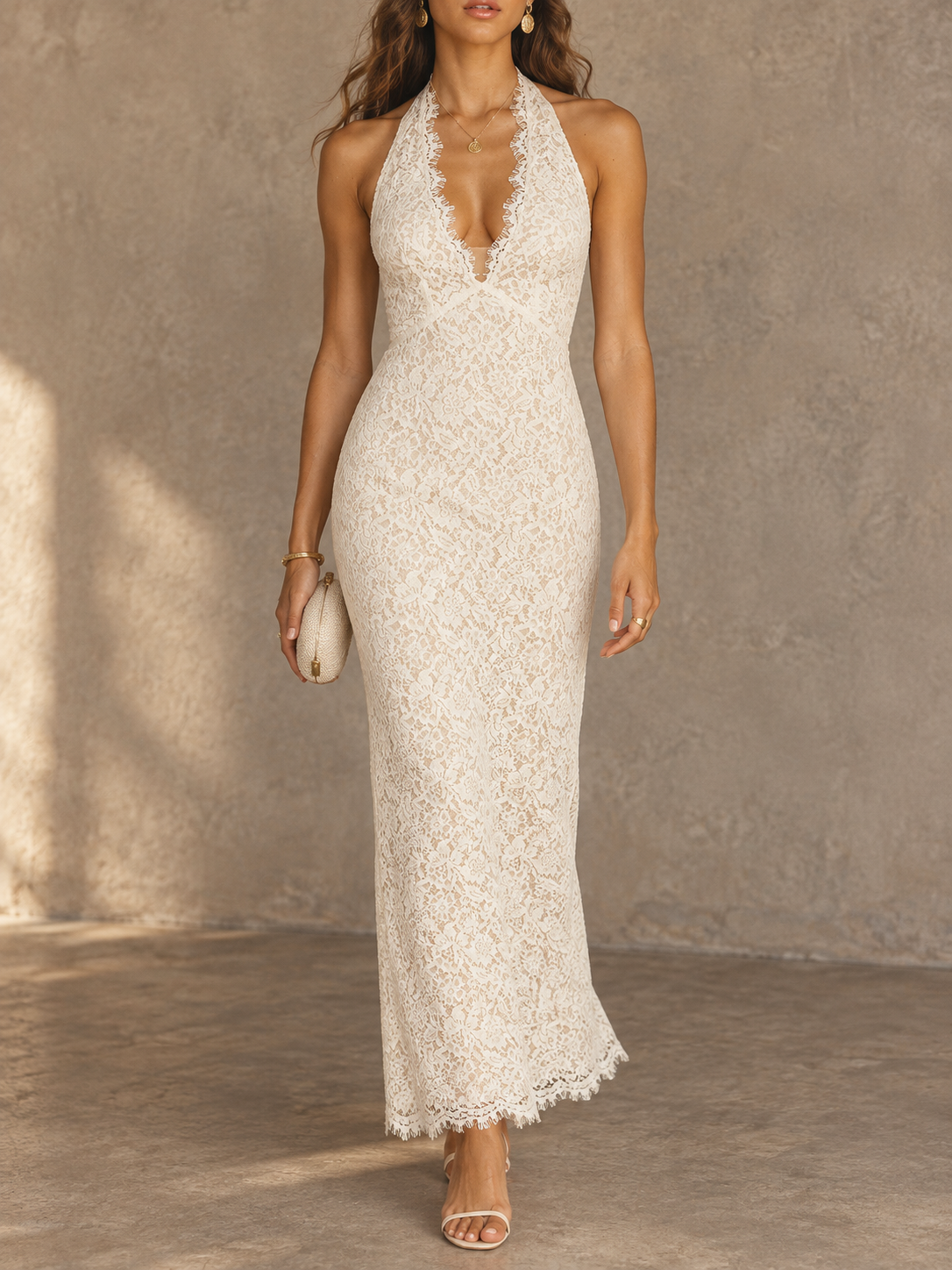 Cream Lace V-Neck Sleeveless Maxi Dress