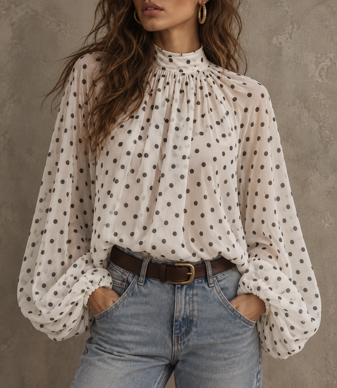 Cream Polka Dot Ruffle Sleeve Blouse