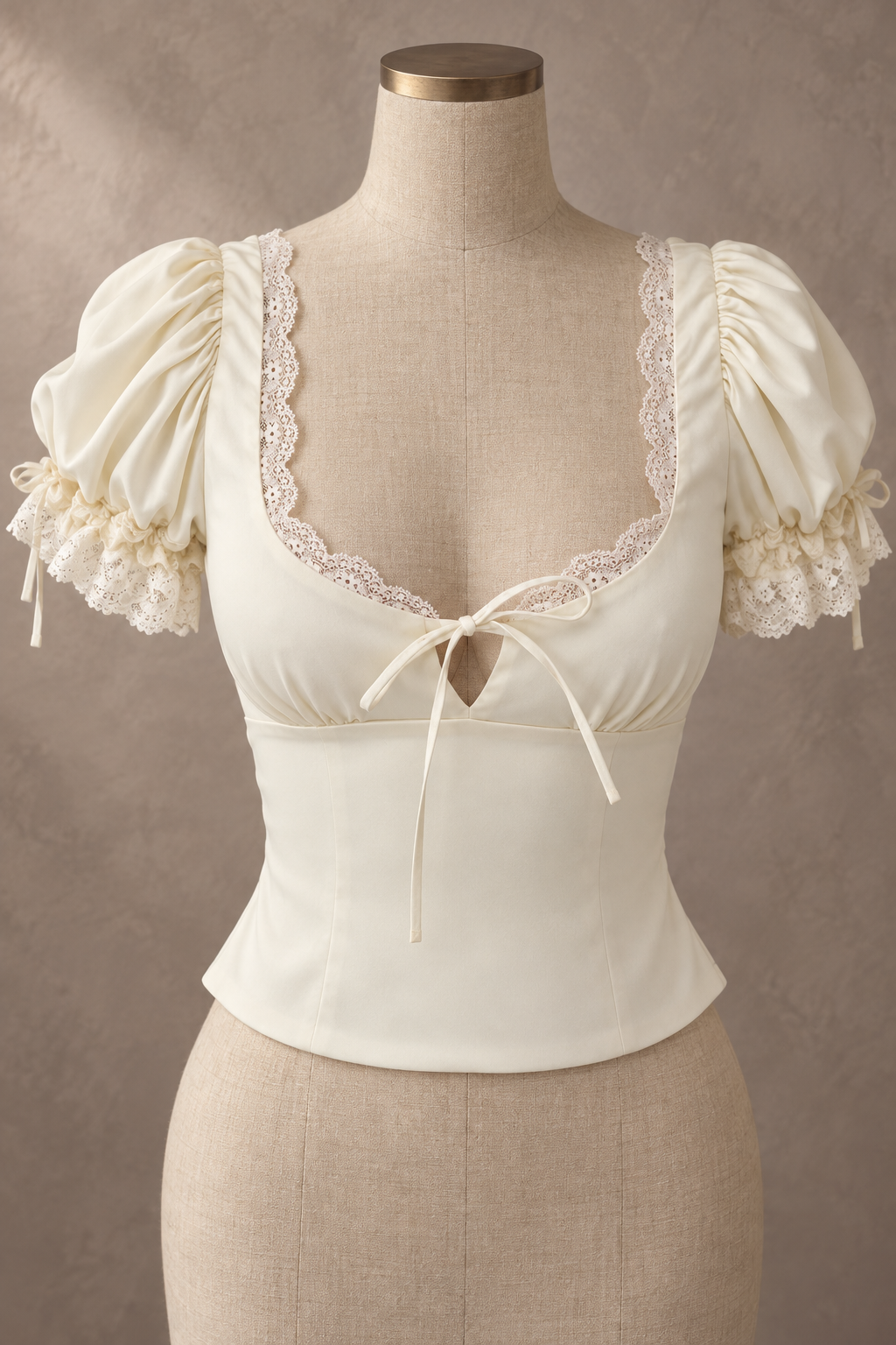 Cream Puff Sleeve Lace Trim Corset Top