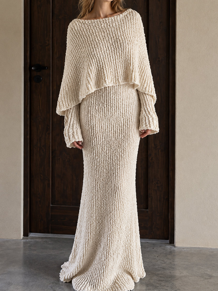 Cream Knit Poncho Mermaid Maxi Dress