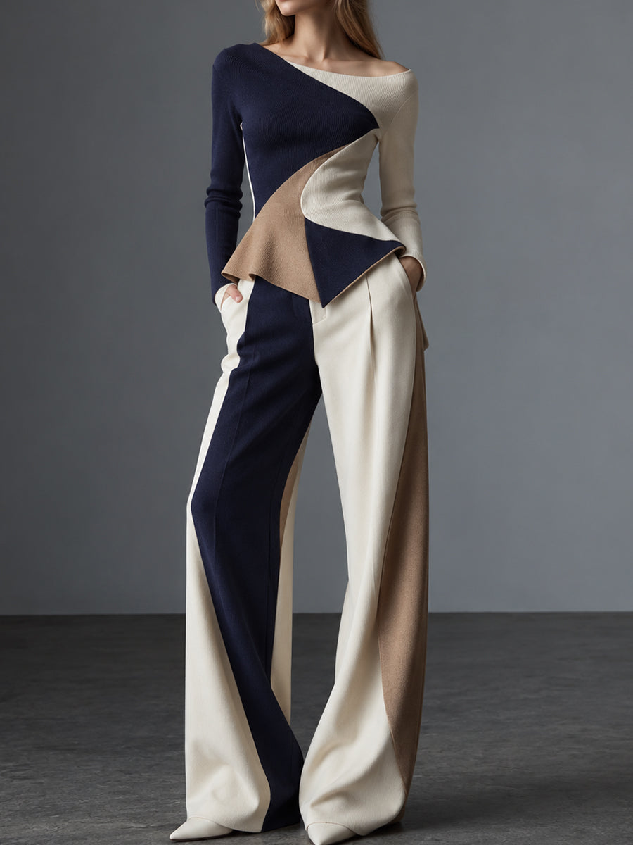 Navy Cream Color Block One Shoulder Wide Leg Pants Set