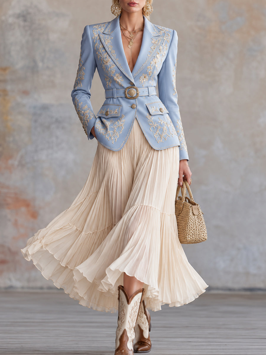 LightBlue Embroidered Blazer and Pleated Maxi Skirt Set
