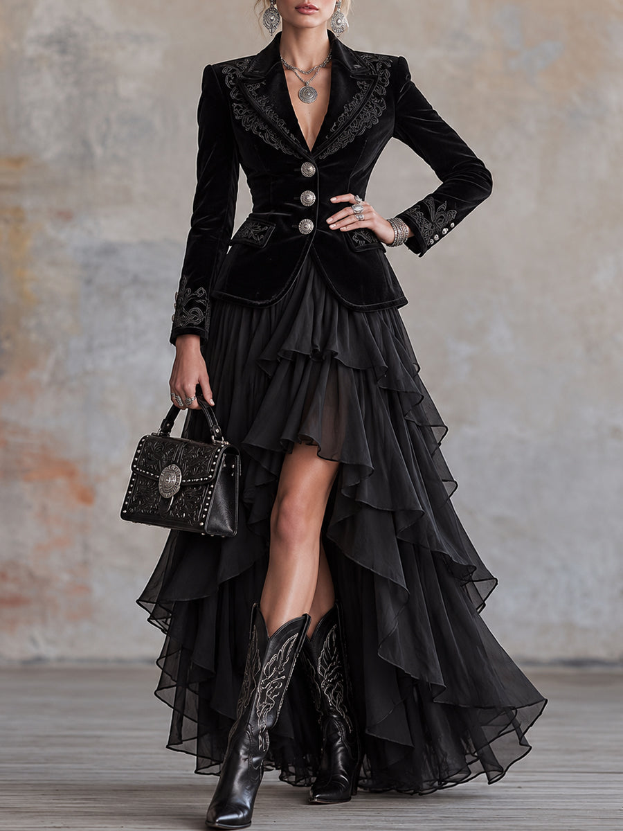 Black Velvet Blazer and Tiered Ruffle Maxi Skirt Set