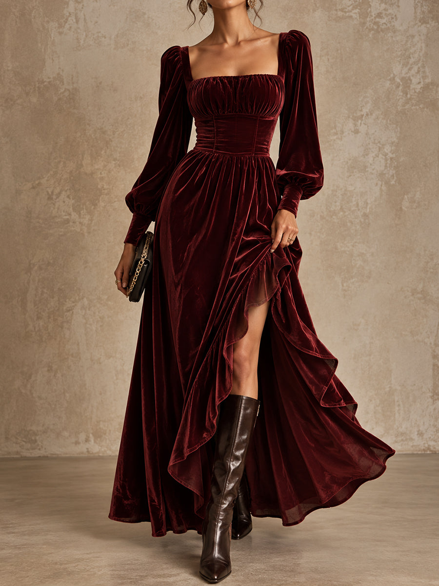 Burgundy Velvet Square Neck Ruffle Maxi Dress