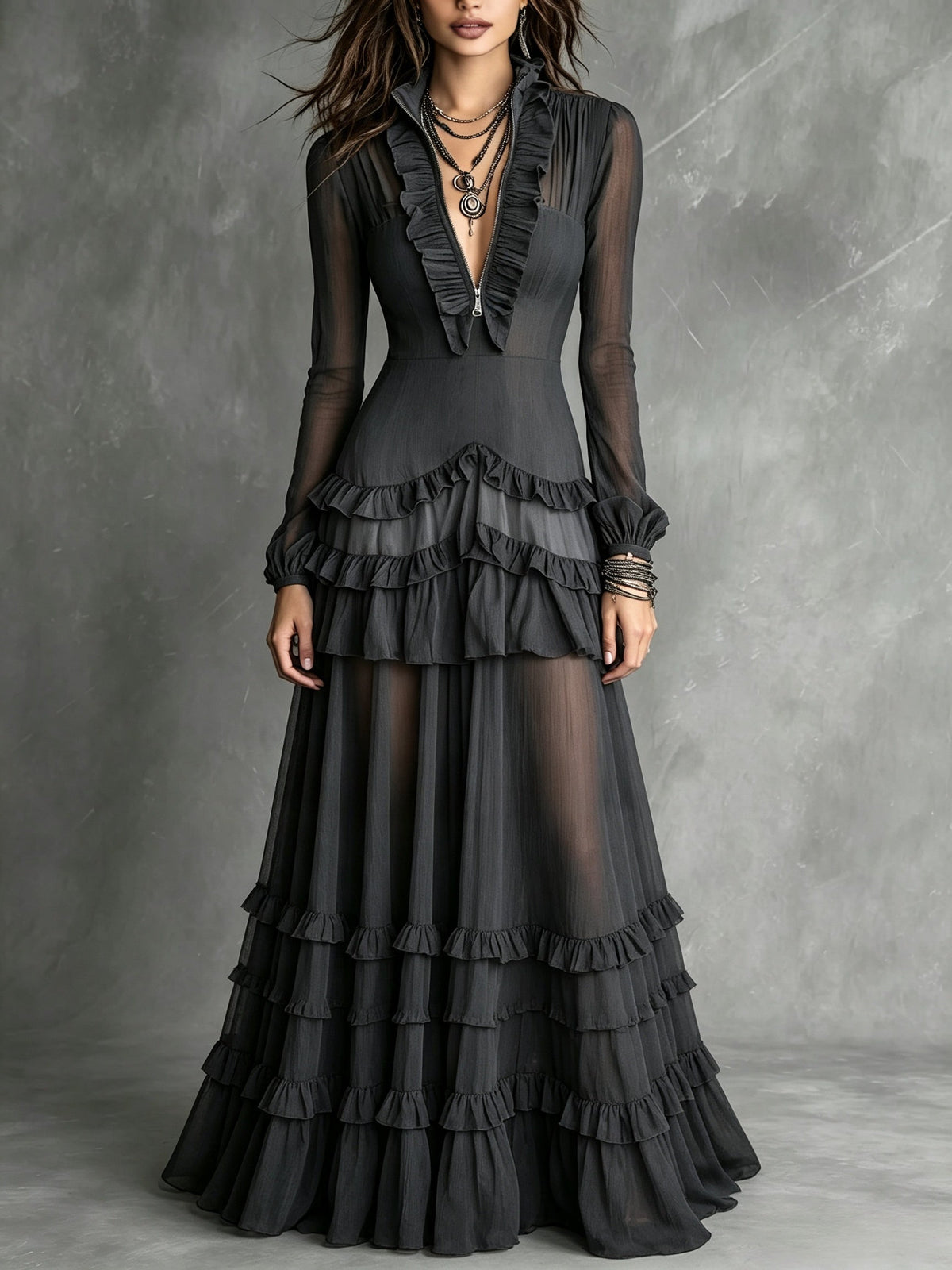 Black Sheer Mesh Sleeve Deep V Ruffle Fitted Tiered Ruffle Maxi Dress