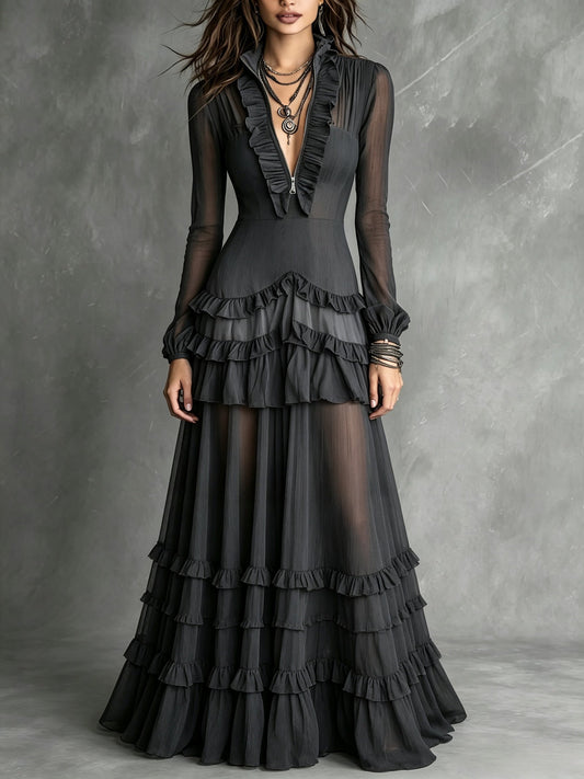 Black Sheer Mesh Sleeve Deep V Ruffle Fitted Tiered Ruffle Maxi Dress