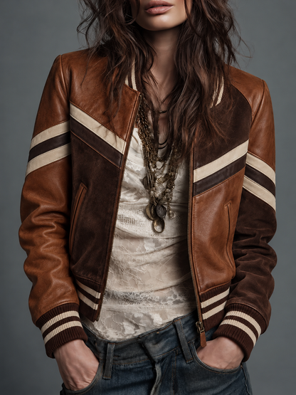 Brown Striped Leather Bomber Jacket