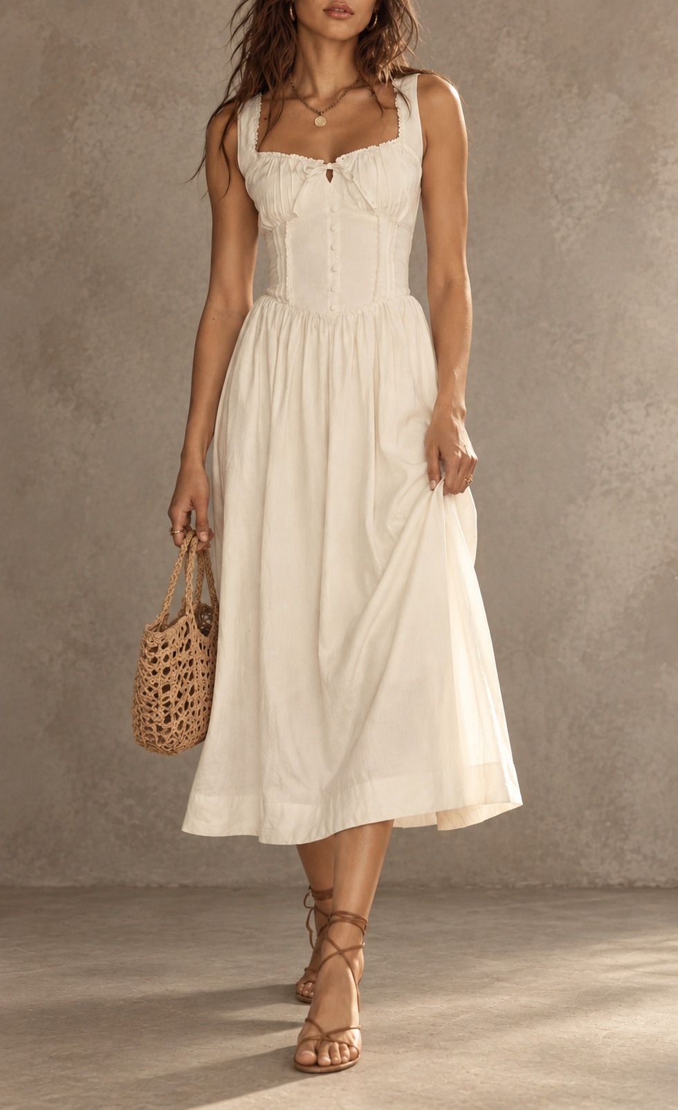 Cream Lace Trim Sleeveless Midi Dress