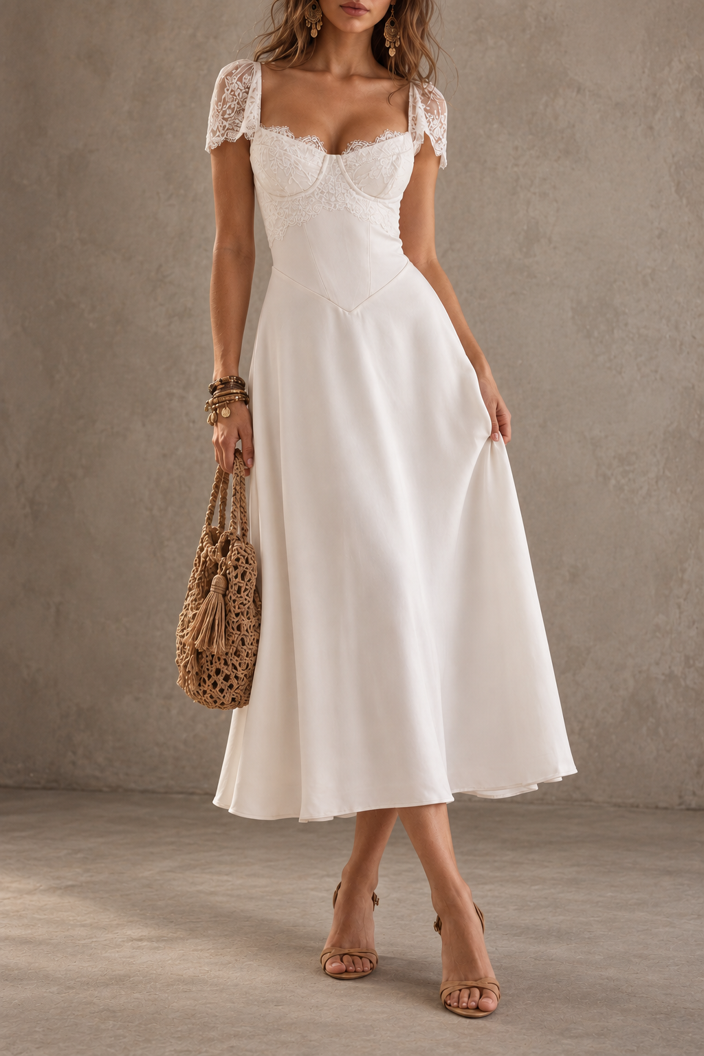 Cream Lace Bustier Midi Dress