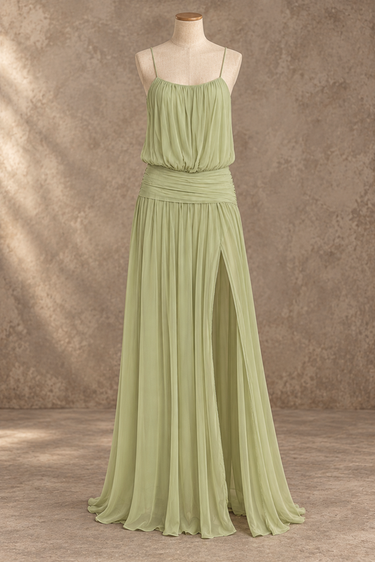 Sage Green Pleated Sleeveless Maxi Dress