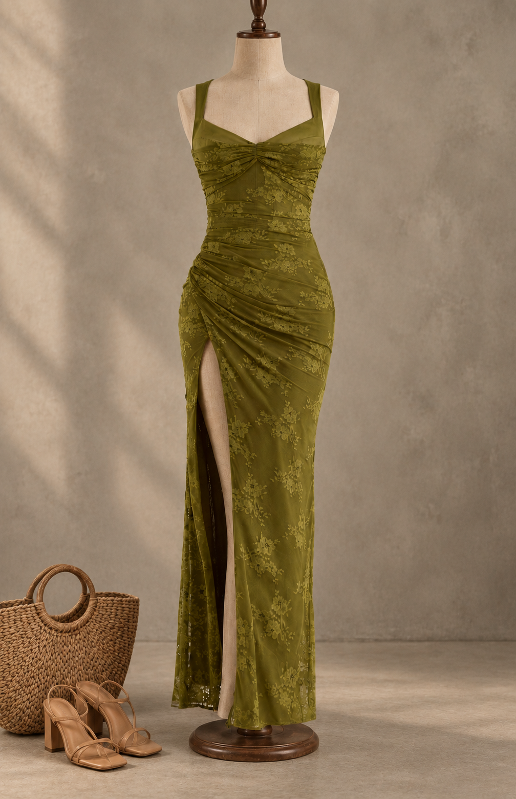 Olive Floral Print Sleeveless Maxi Dress