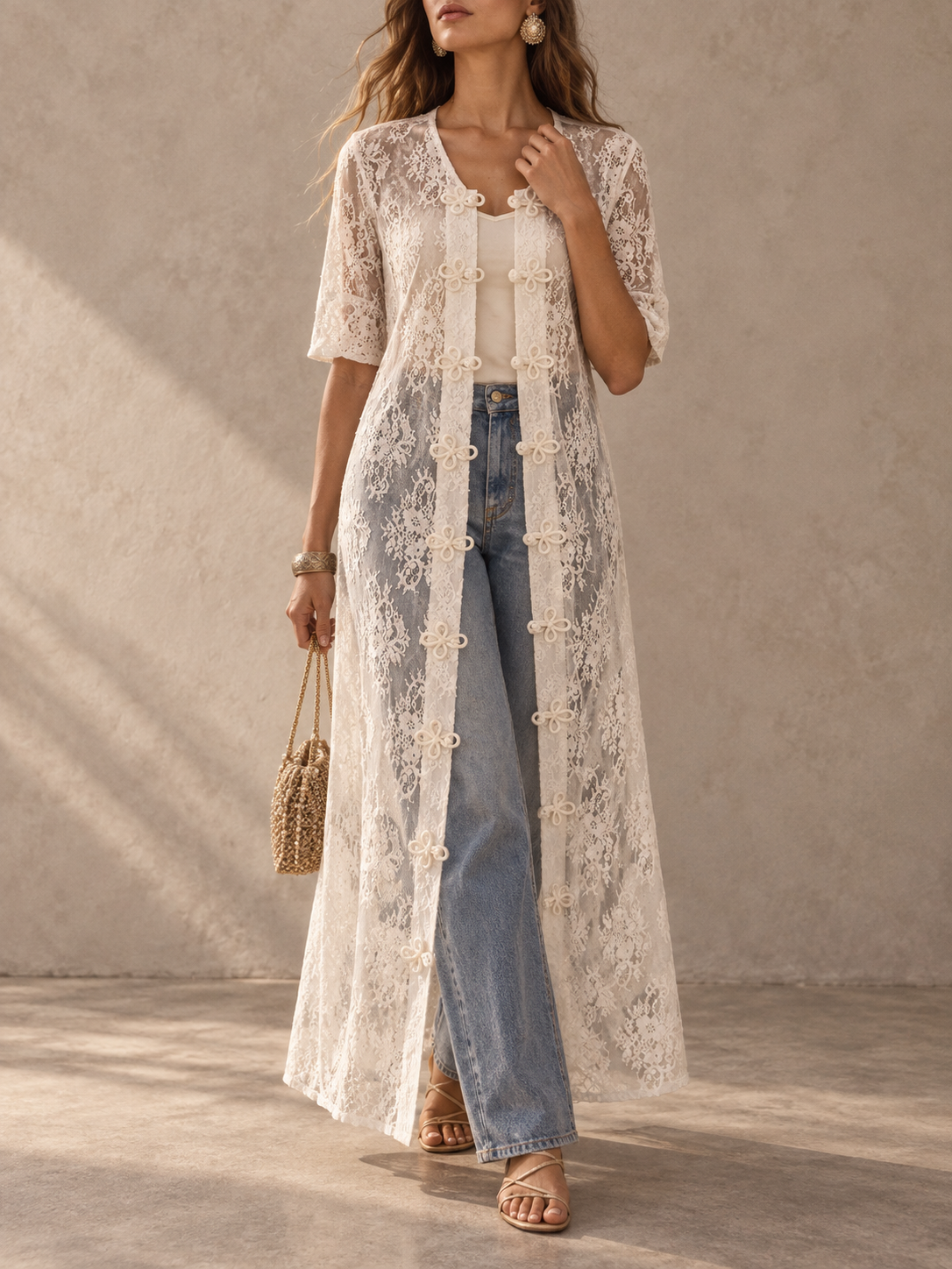 Beige long lace cardigan