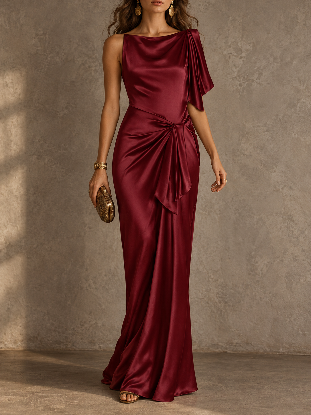 Burgundy Satin Draped Maxi Dress