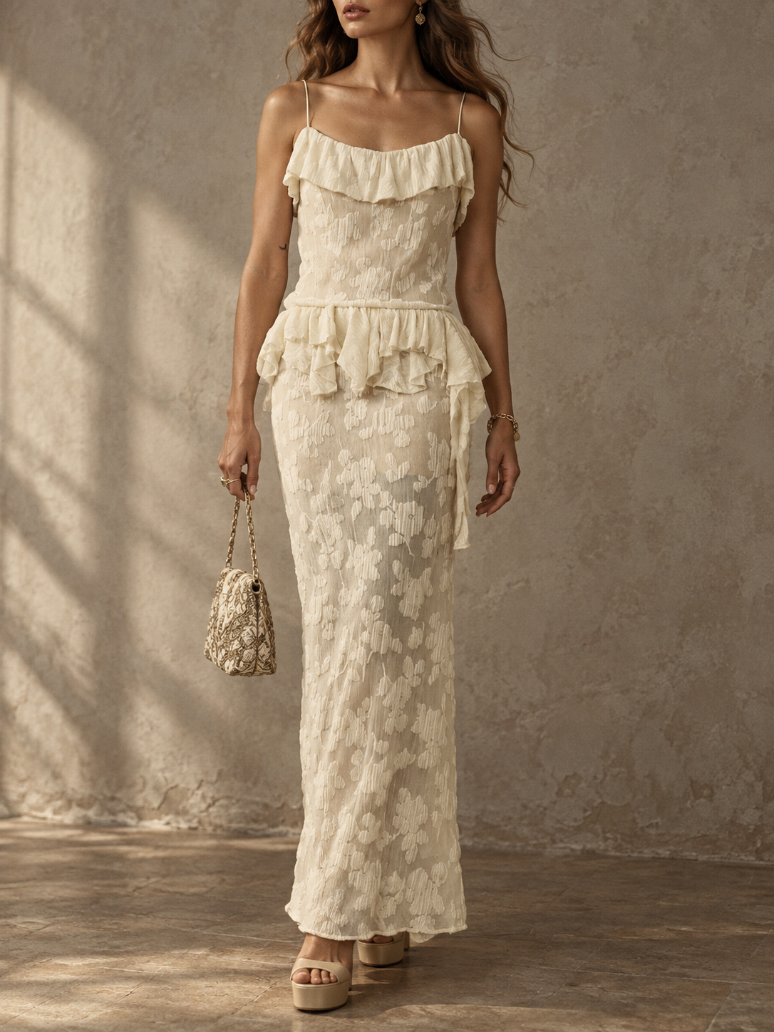 Cream Ruffle Textured Cami Maxi Dress