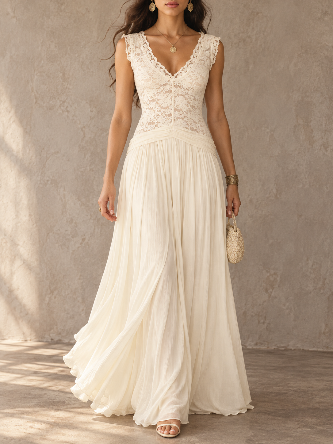 Cream Lace Bodice Pleated Maxi Dress