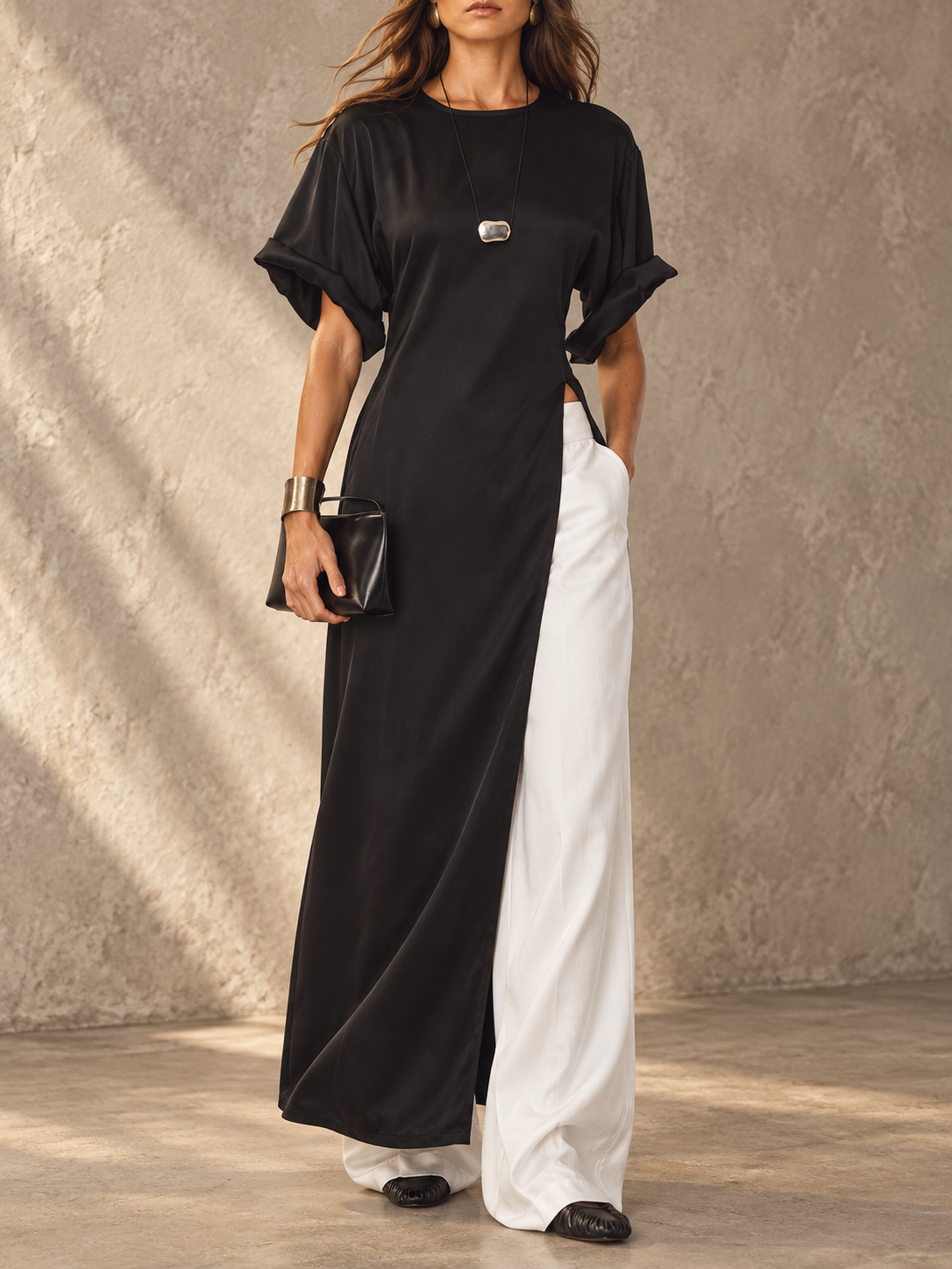 Black White Color Block Wide Leg Jumpsuit