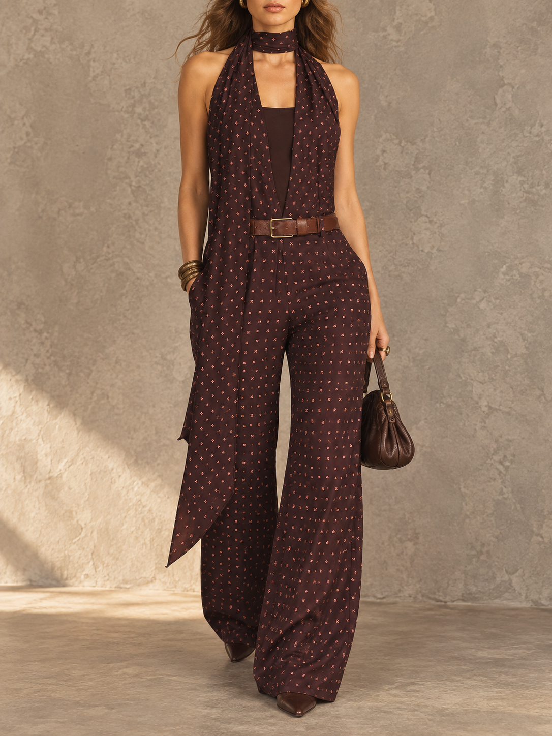 Brown Polka Dot Halter Wide Leg Jumpsuit