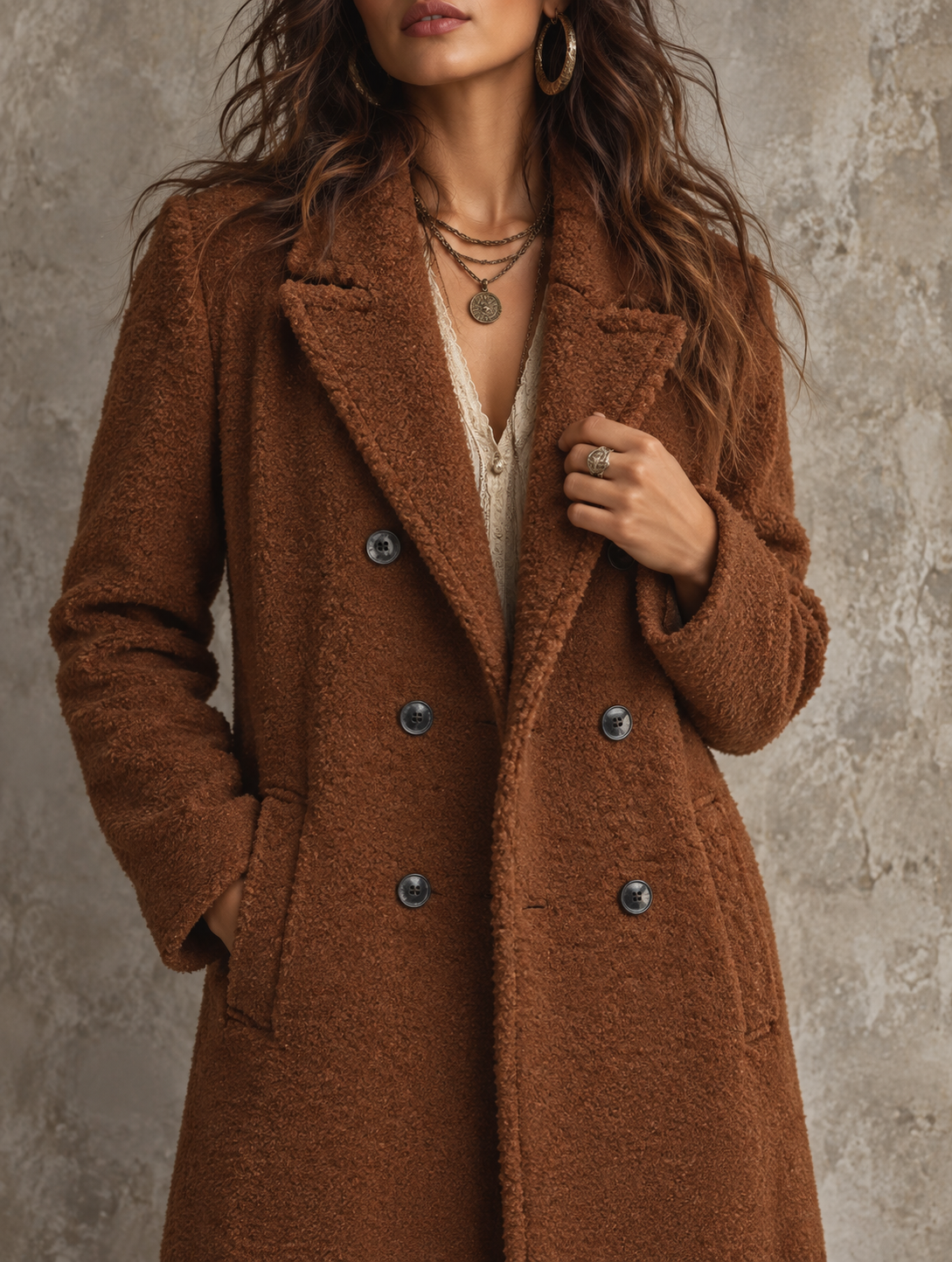 Brown Textured Double Breasted Long Coat