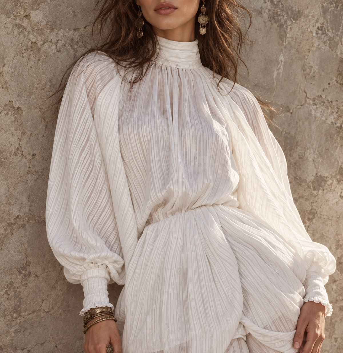 Cream Sheer Pleated Blouse