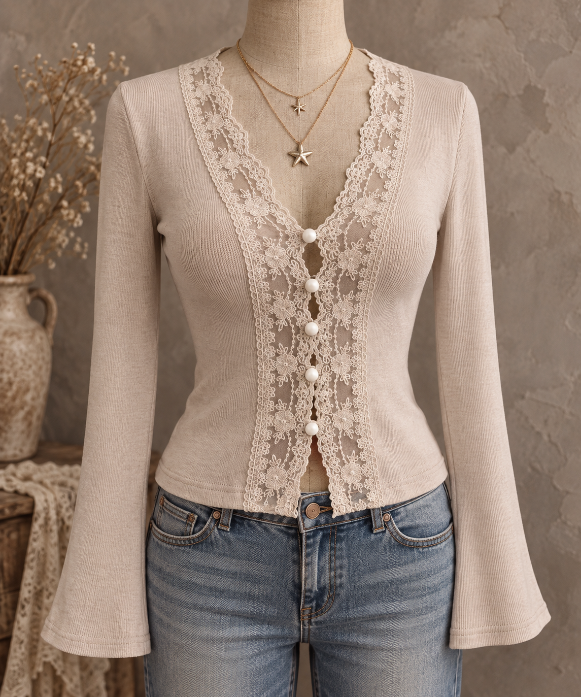Beige Lace Trim Button Front Ribbed Top