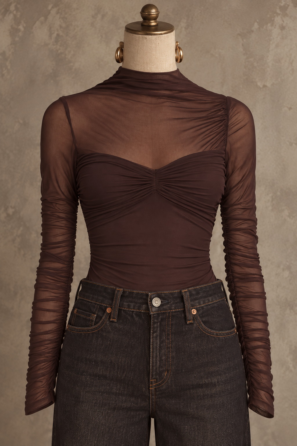Brown Sheer Mesh Ruched Long Sleeve Top