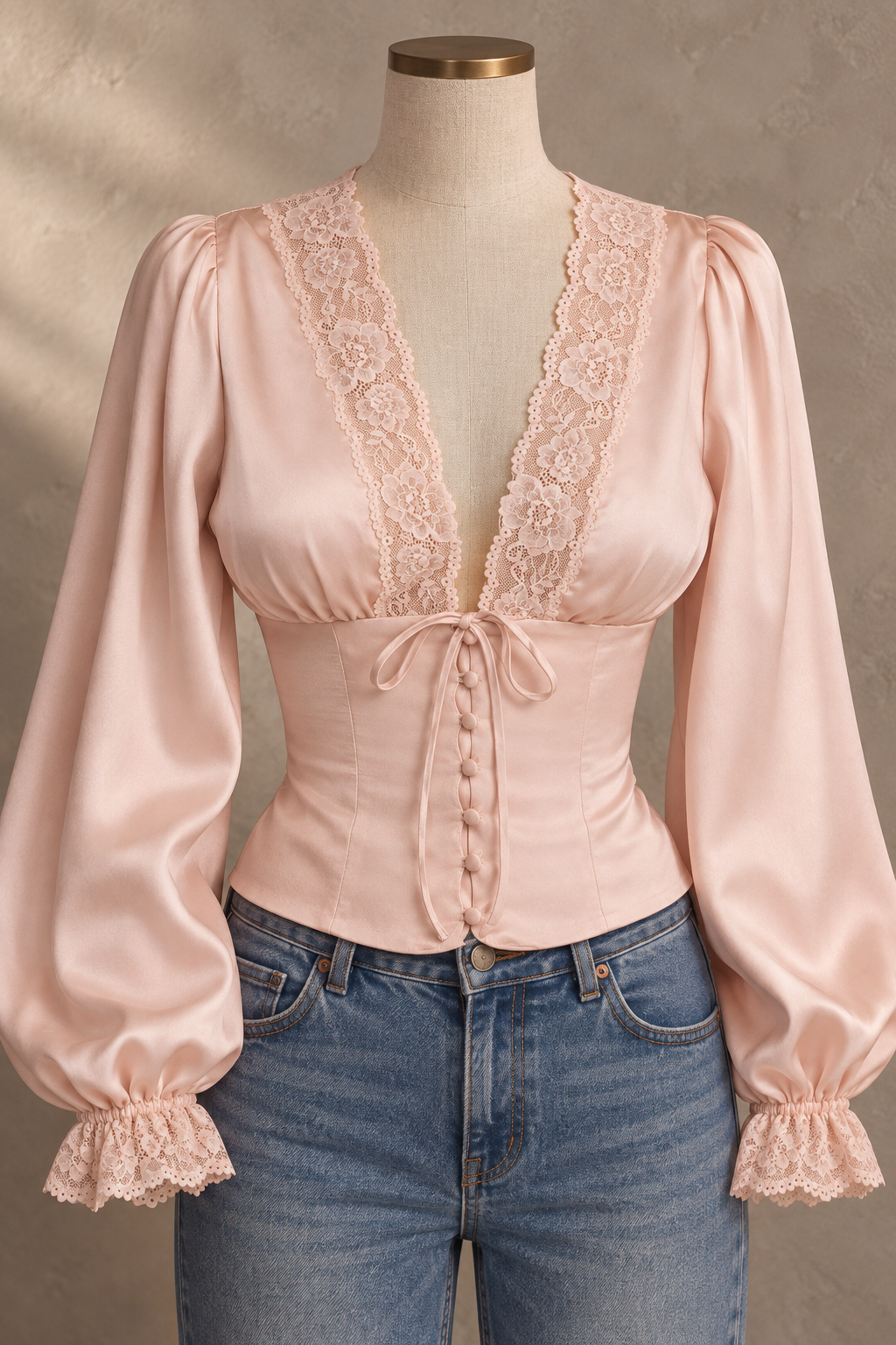 Pink Lace Trim Button Front Blouse