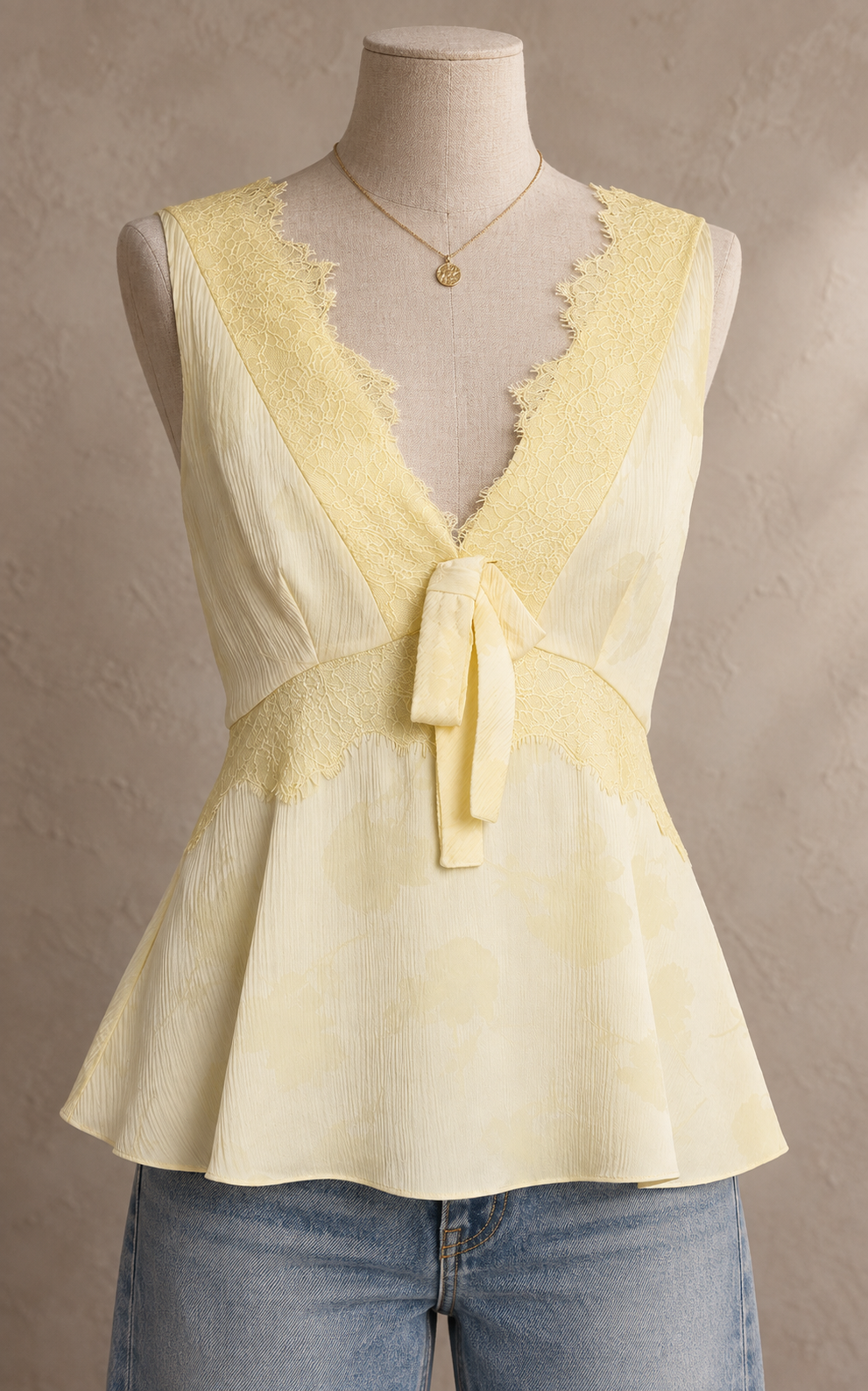 Yellow Lace Trim Tie Front Peplum Top