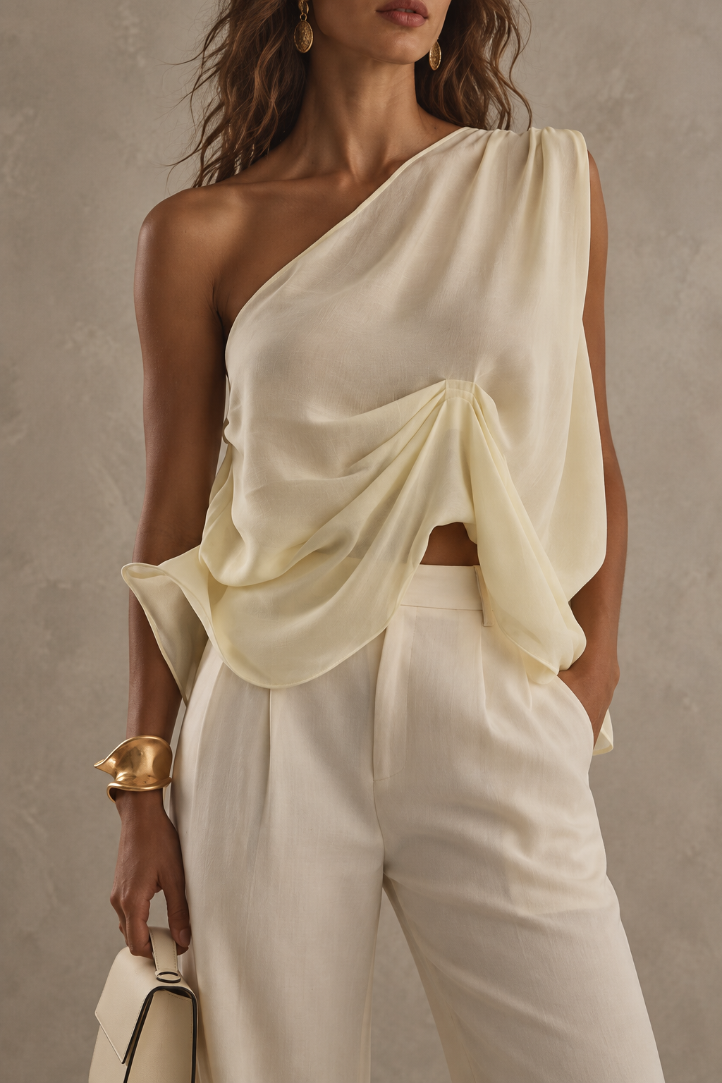 Cream One Shoulder Draped Top