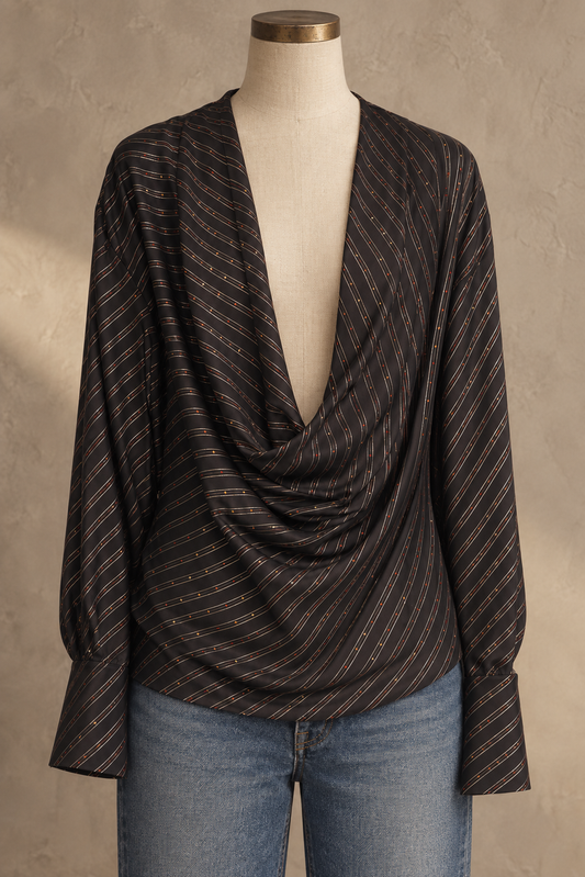 Black Diagonal Stripe Cowl Neck Blouse