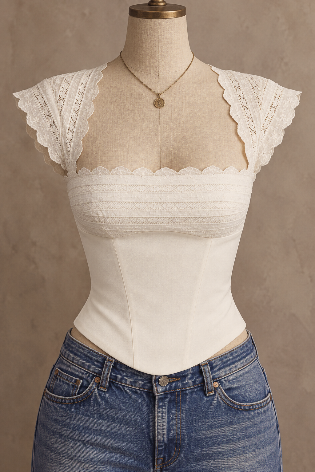 Cream Lace Bustier Sleeveless Top