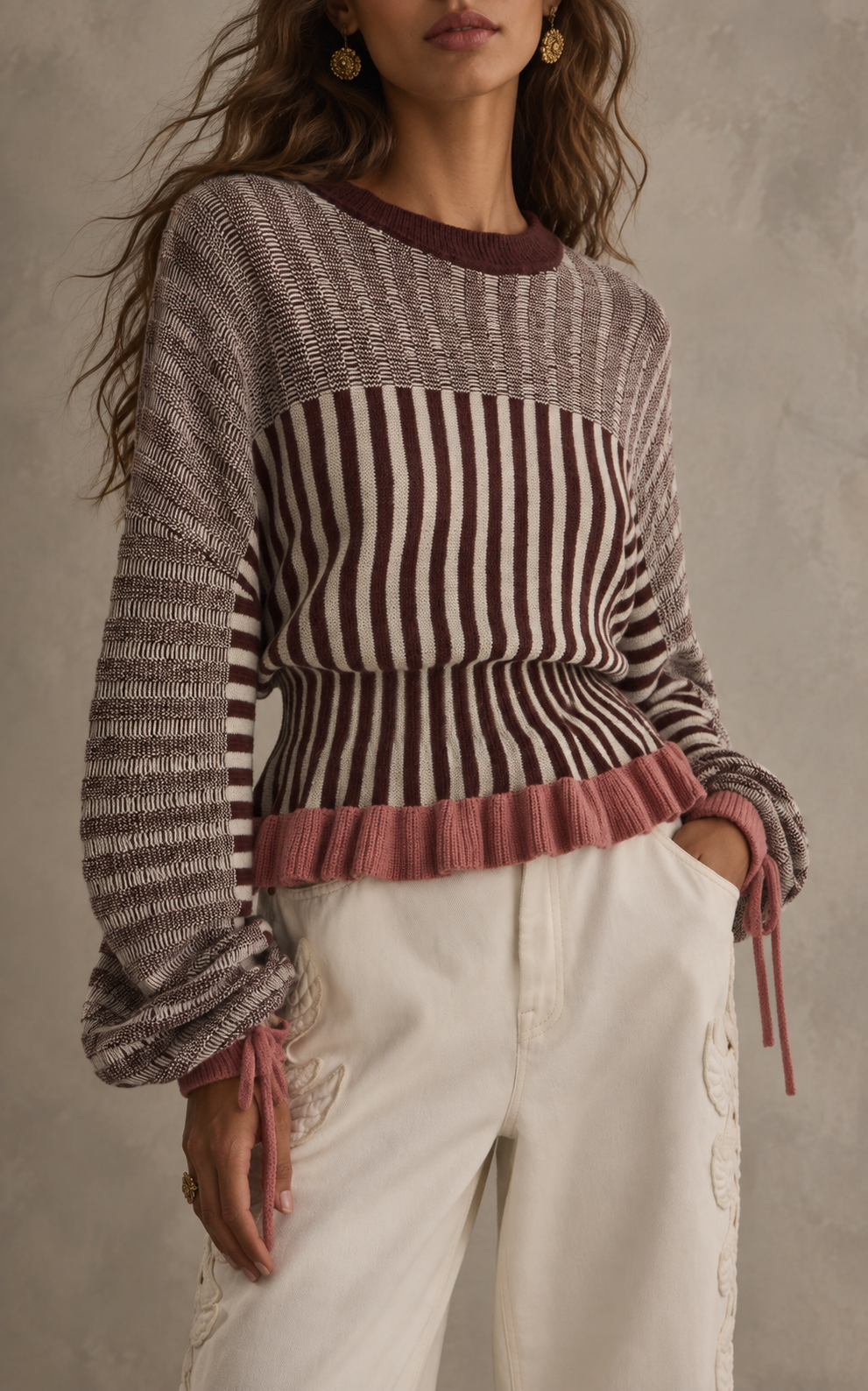 Brown Striped Knit Ruffle Hem Sweater