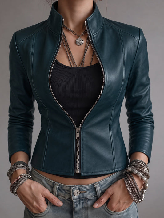 Deep Teal Fitted Leather Jacket