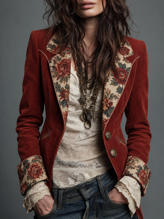 Red Floral Trimmed Tailored Jacket