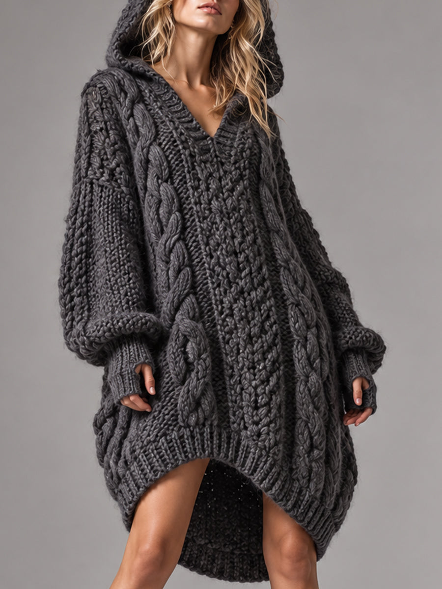 Charcoal Hooded Cable Knit Tunic Dress