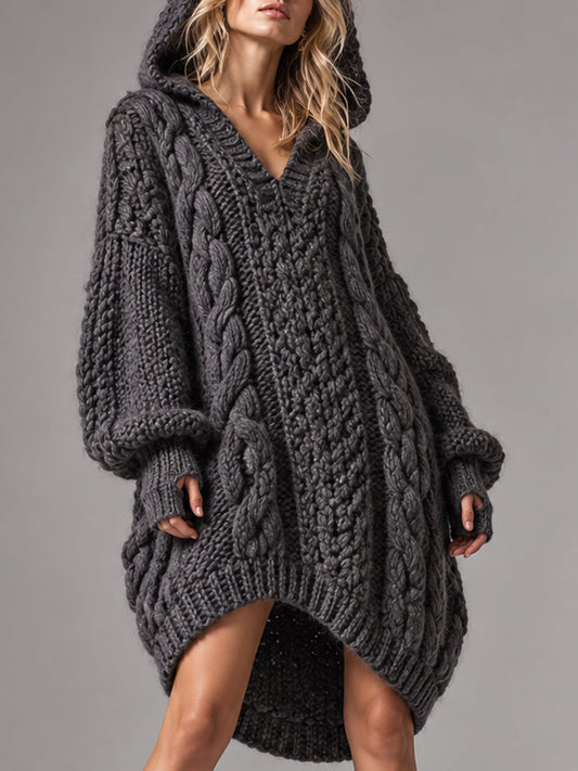 Charcoal Hooded Cable Knit Tunic Dress