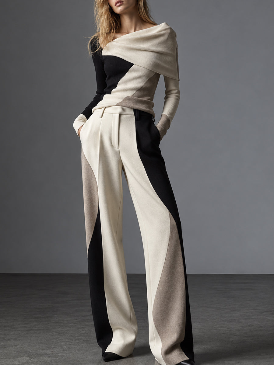 Black Cream Color Block One Shoulder Wide Leg Pants Set