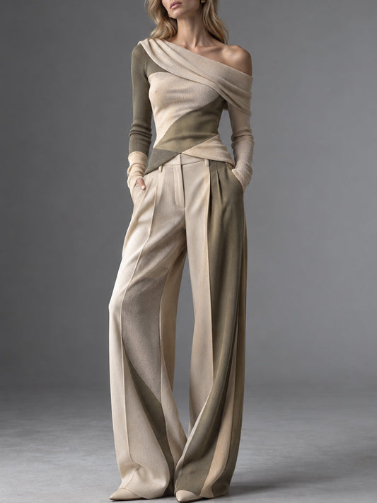Beige Draped One Shoulder Wide Leg Pants Set