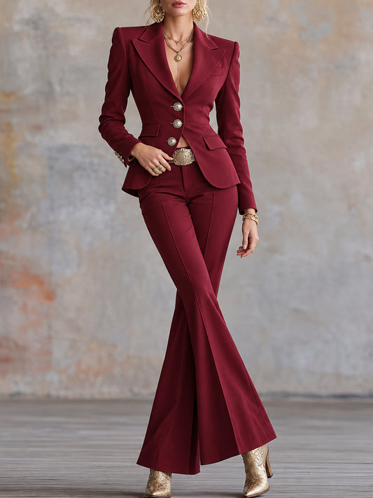 Burgundy Fitted Blazer and Flared Pants Set