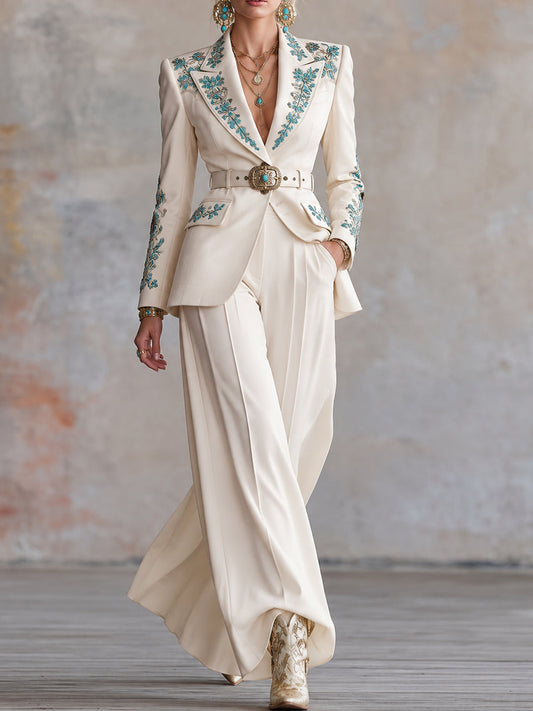 Cream Embroidered Blazer and Wide Leg Pants Set