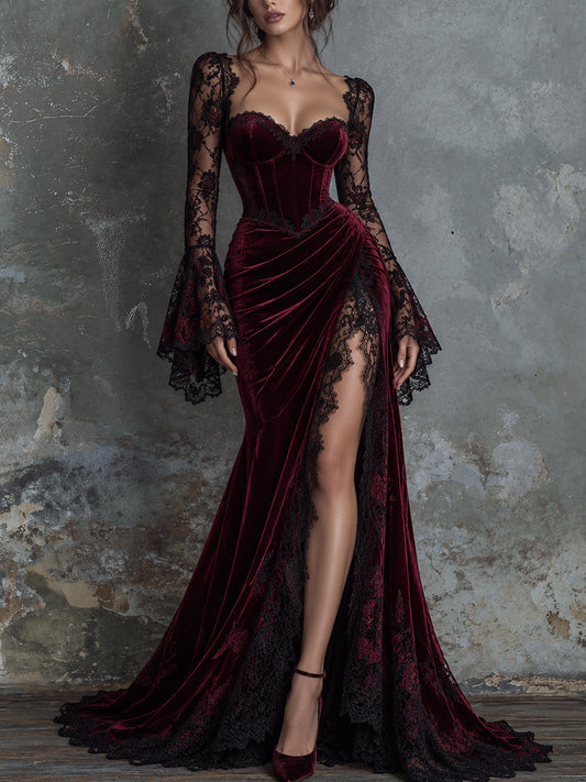 Burgundy Velvet Lace Bell Sleeve High Slit Maxi Dress
