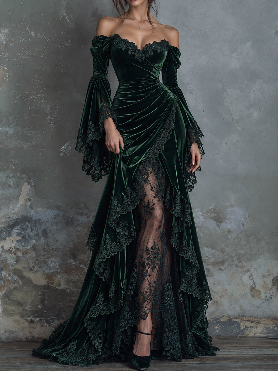 Green Velvet Lace Bell Sleeve High Slit Maxi Dress