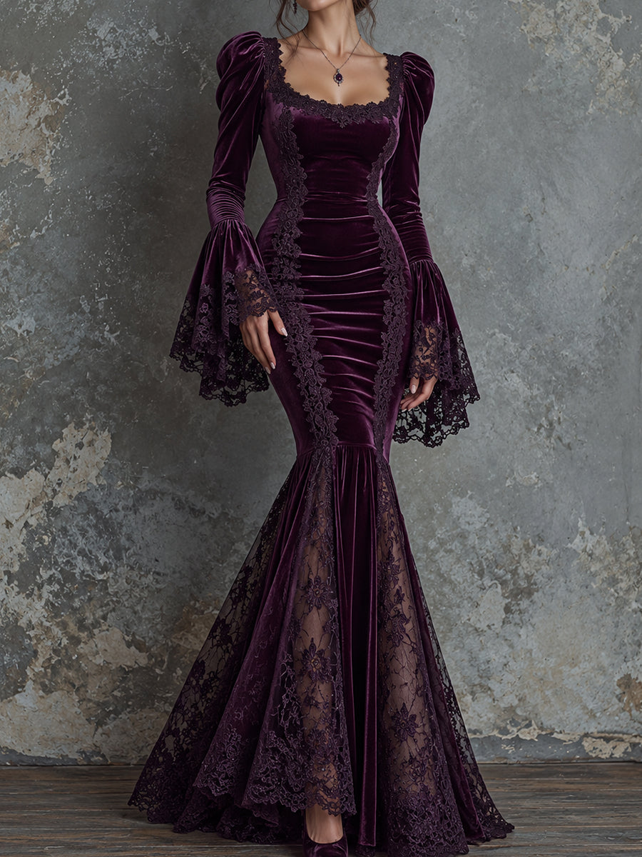 Purple Velvet Lace Bell Sleeve Mermaid Maxi Dress