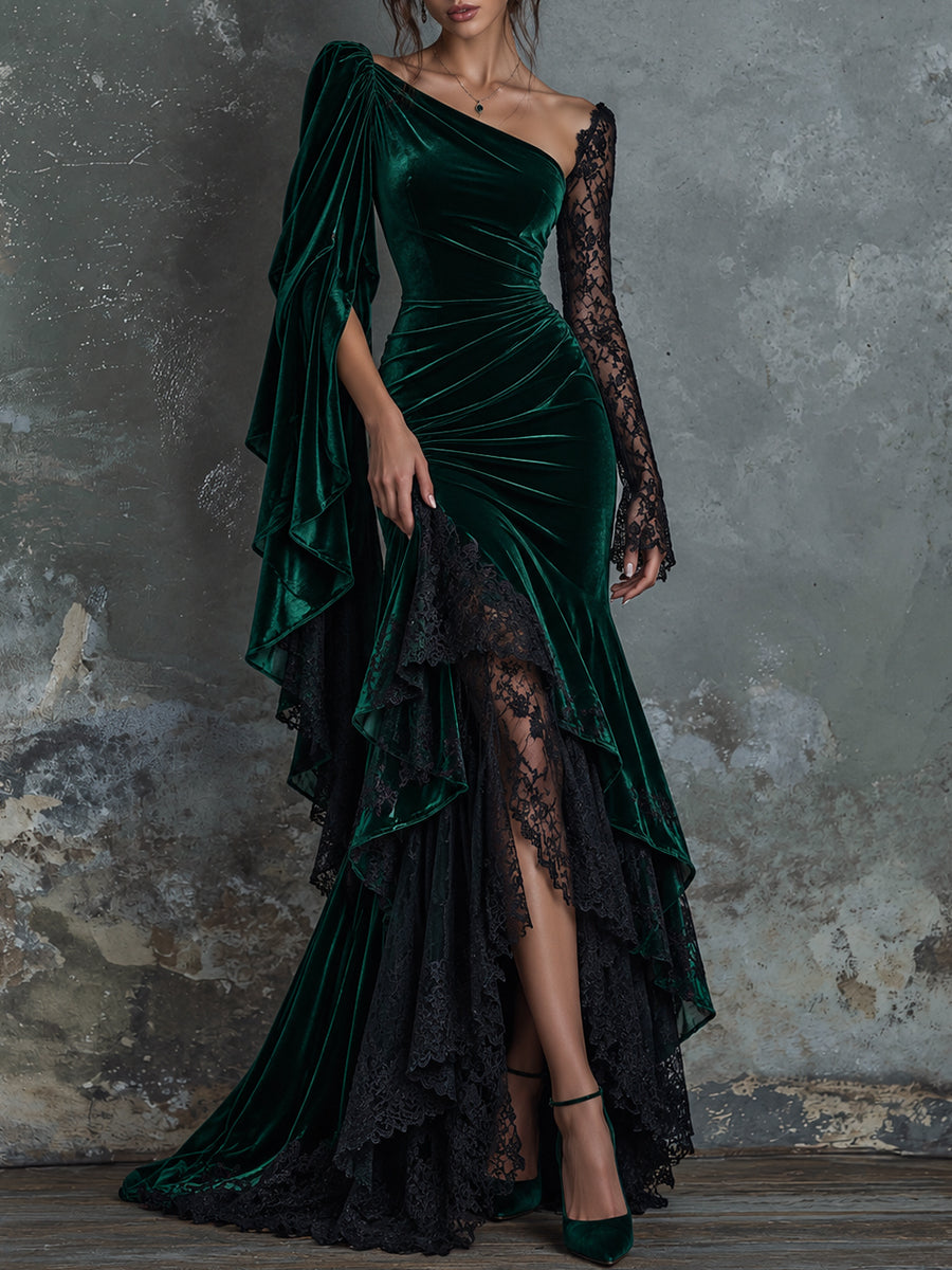 Green Velvet One Shoulder Lace Maxi Dress