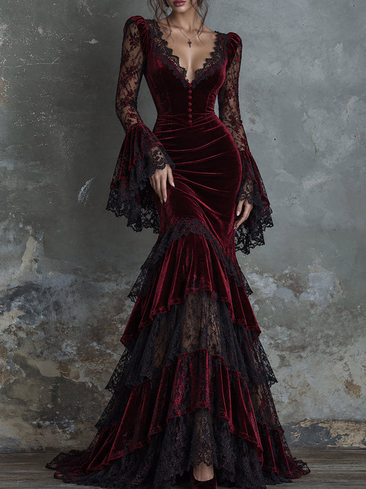 Burgundy Velvet Lace Bell Sleeve Tiered Maxi Dress
